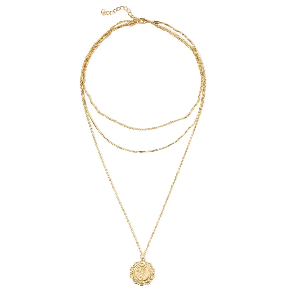 Creative Simple Fashionable Elegant Women's Jewelry Multi-layer Gold Lotus Buddha Image Necklace 3-piece Set New Cross-border St |