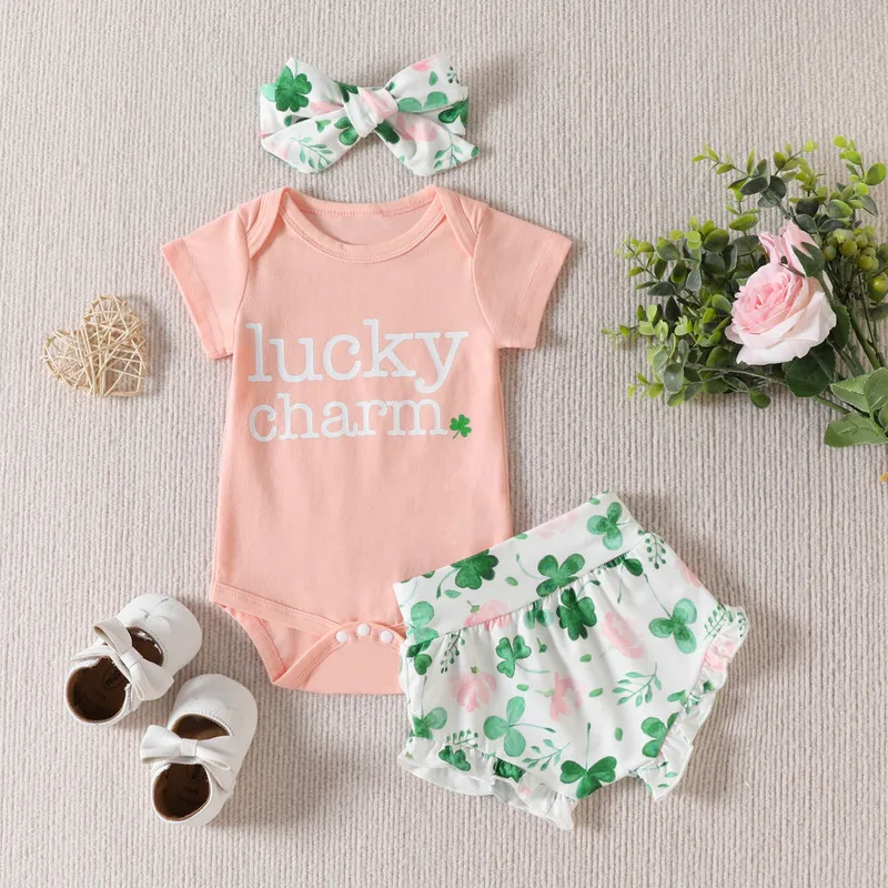 

Newborn Baby Girl Sets Summer Clothes 2023 Short Sleeve Letters Bodysuit Clover Print Shorts with Hairband 0 to 18 Months