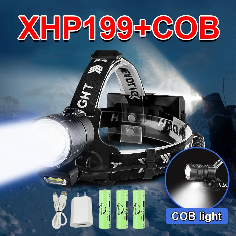 

XHP199 Мощный перезаряжаемый светодиодный налобный фонарь Фонари XHP160 COB Фара 18650 Водонепроницаемый зум Фонарь для кемпинга