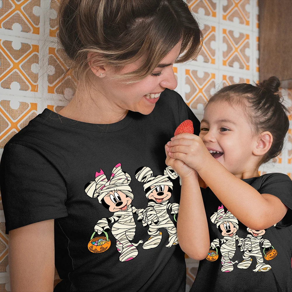Disney Halloween Women T-shirts Funny Mickey and Minnie Munny Print Girls Clothes Fashion Family T Shirt Black Festival Tees