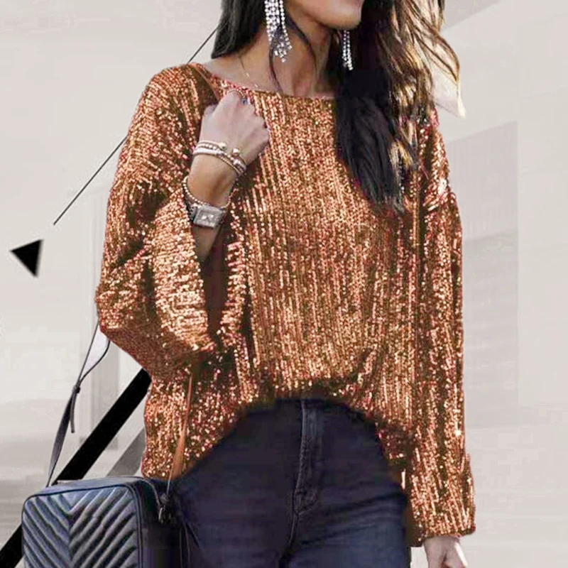 Женские блестящие топы с блестками свободные блузки длинным рукавом и круглым