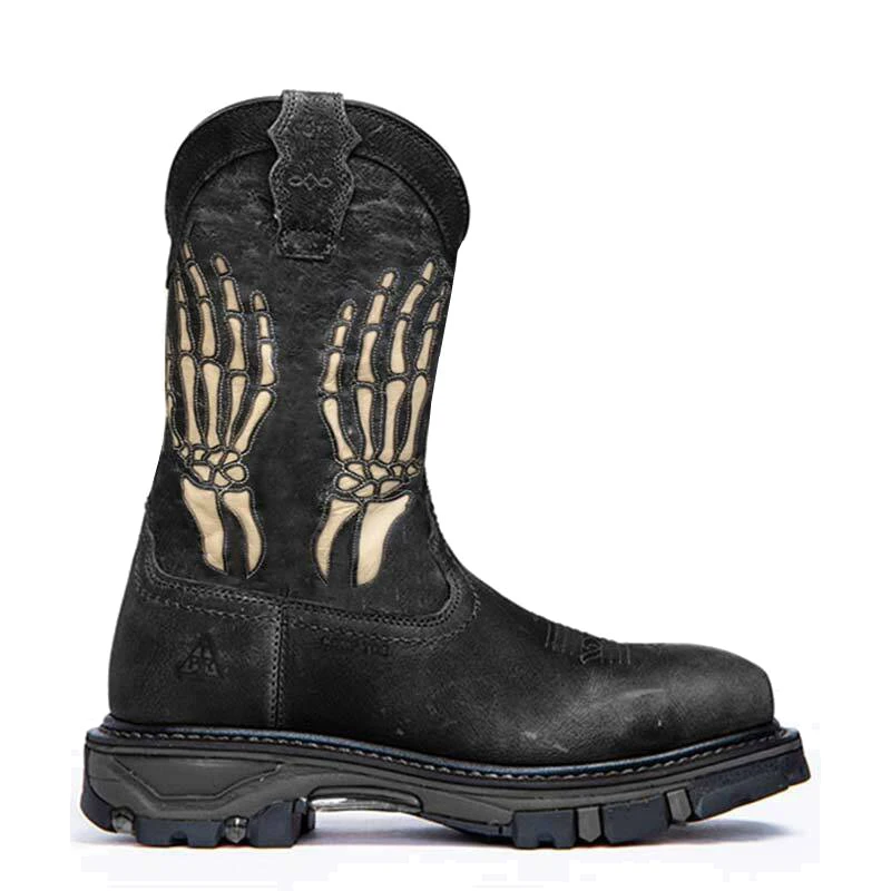 Cowboy Boots for Men Skeleton Shoes New Embroidery Halloween Mid Calf Outdoor Sports West Knigh Motorcycle Boots Sapato De Bruxa