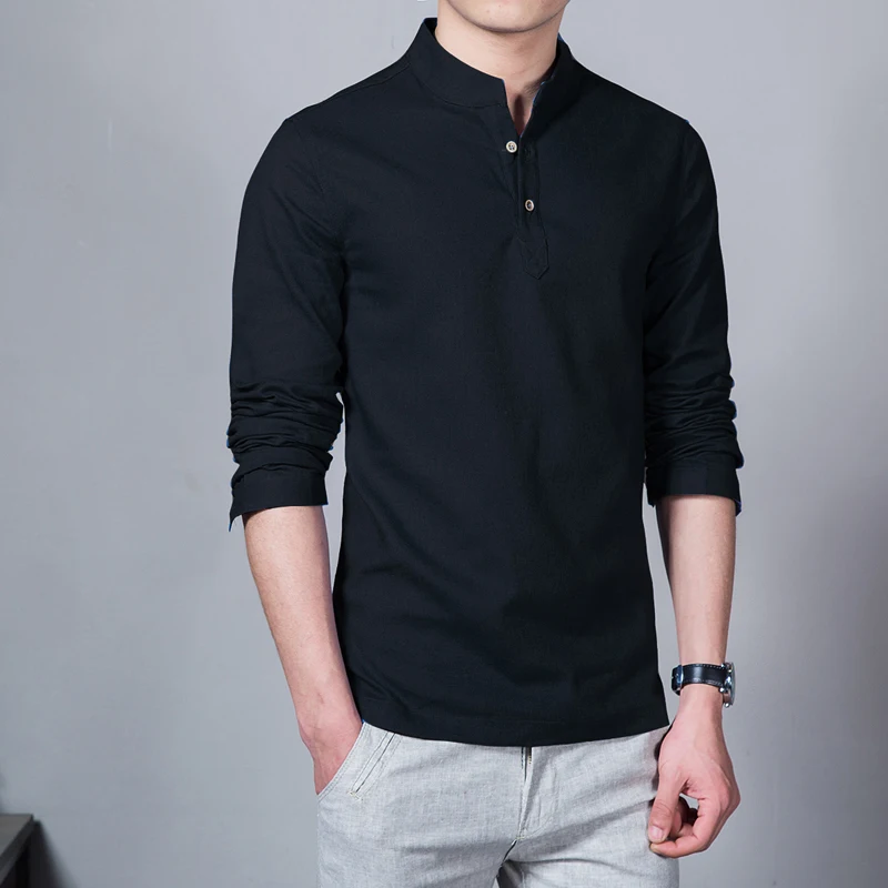 

B3524 Men Spring Tops & Tees Male Fashion T-Shirts Stand Collar Long-sleeved Slim Base Shirt Homme Linen t-shirt