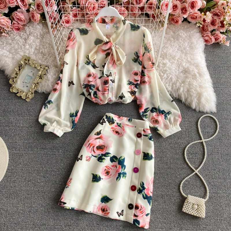 

Chiffon Mini Skirt Elegant Suit Spring 2022 New Bow Tie Rose Print Puff Sleeve Chiffon Shirt Two Piece Suit High Waist Skirt