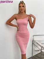 parthea mesh pink midi dress see though ruched sleeveless spaghetti strap asymmetrical bodycon dress summer fashion sexy vestido