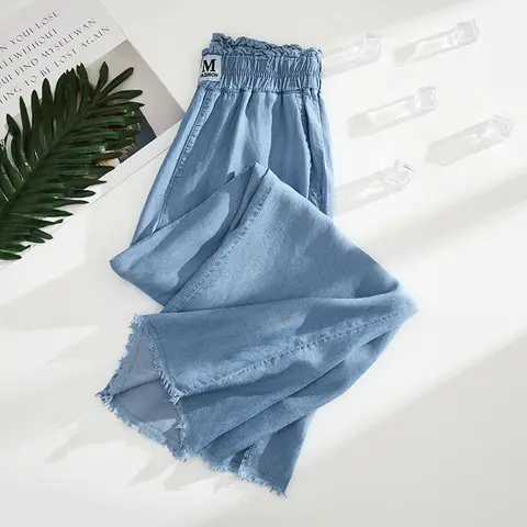 Ankle-length Straight Leg Jeans Summer Elastic High Waist Wide Leg Denim Baggy Pants Women Oversize 4xl Pantalones Blue Vaqueros