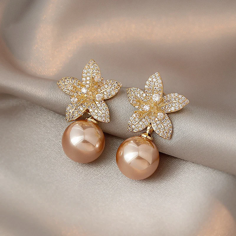 

Rose Gold Pearl Flower Dangle Earrings for Women 925 Silver Full Rhinestone Flower Earrings 2023 Korean Fashion Cute Jewelry