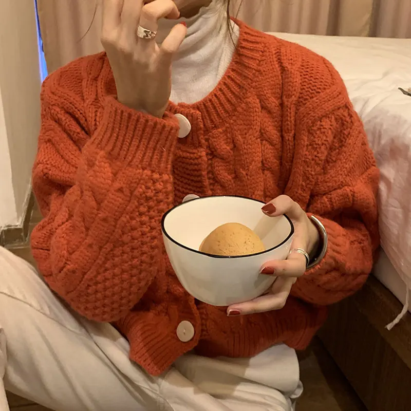 

Vintage Autumn Winter Sweaters For WomenTweed Single Breasted Long Sleeve O-Neck Femme Cardigans Thick Woman Sweater Dropship