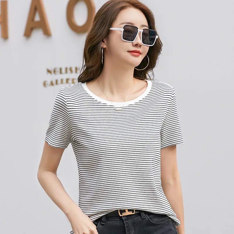 

Футболка женская с коротким рукавом и круглым вырезом, повседневная хлопковая приталенная рубашка в полоску, модный топ контрастных цветов, на лето