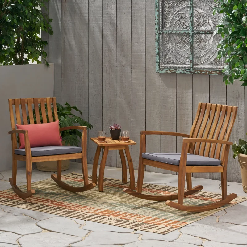 

Jamison Outdoor 2-Seater Acacia Wood Rocking Chair Set with Side Table, Teak and Dark Gray