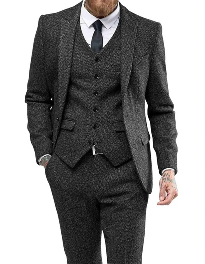 

Suits 3 Pieces Black Wool Herringbon Slim Fit Casual Formal Business Groomsmen Tweed Tuxedos for Wedding Blazer+Pants+Vest