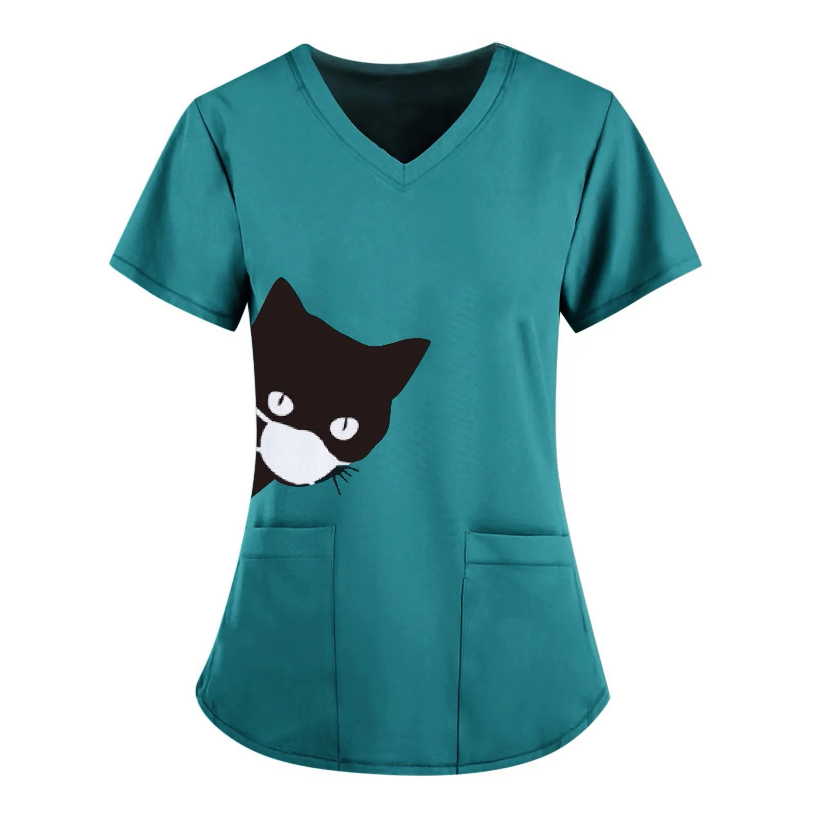 

Pet Clinic Working Uniform Black Cat Print Pocket Nurse Uniform Staff Short Sleeve V-neck Scrub Tops Healthcare Carer Tunic