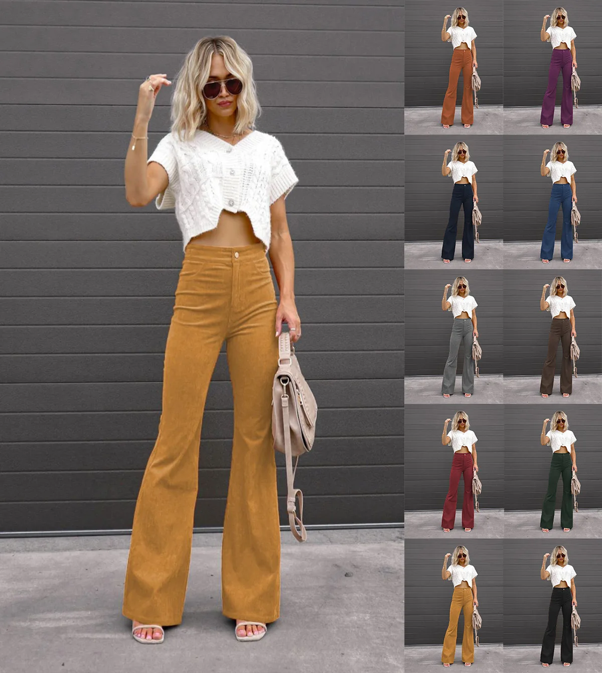 Brand New 2023 Women Solid High Waist Boot Cut Casual Long Pants Spring Female Corduroy Clothing Office Lady