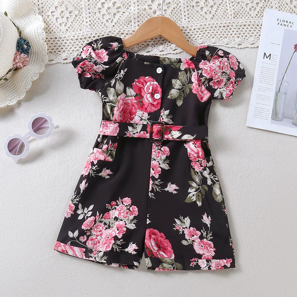 

Baby Girls Floral Shorts Playsuits 2022 Summer Short Puff Sleeve Belt Decor Jumpsuits For Little Child Kids Short Pants Overalls