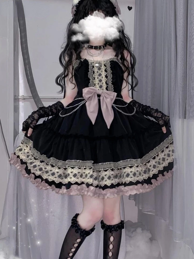 

Japanese Gothic Lolita Dress Women Girls Jsk Strap Dresses Harajuku Vintage Pink Sleeveless Dress Kawaii Girl Vestido