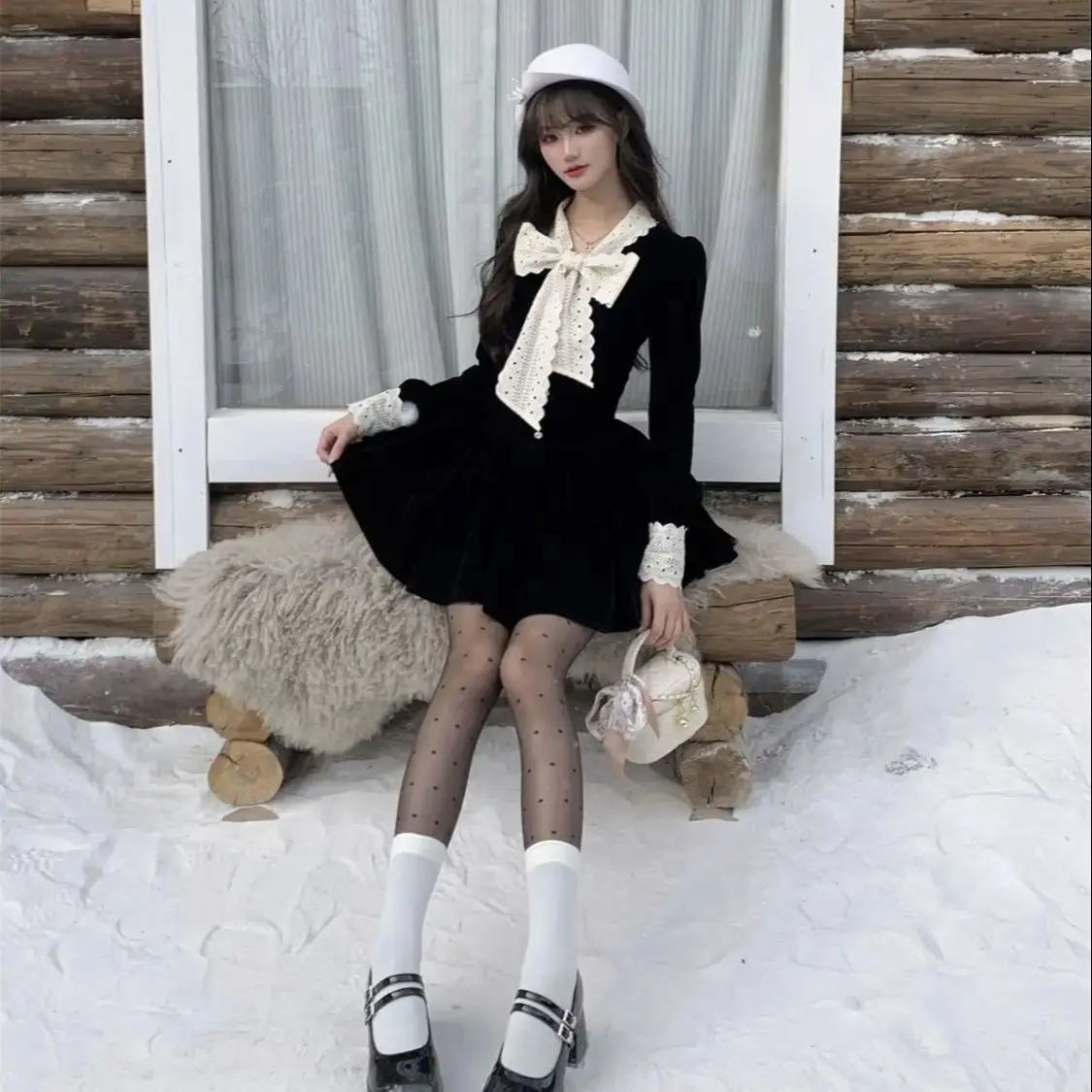 Корейское ретро французское черное бархатное платье Xiaoxiang осенне-зимнее новое