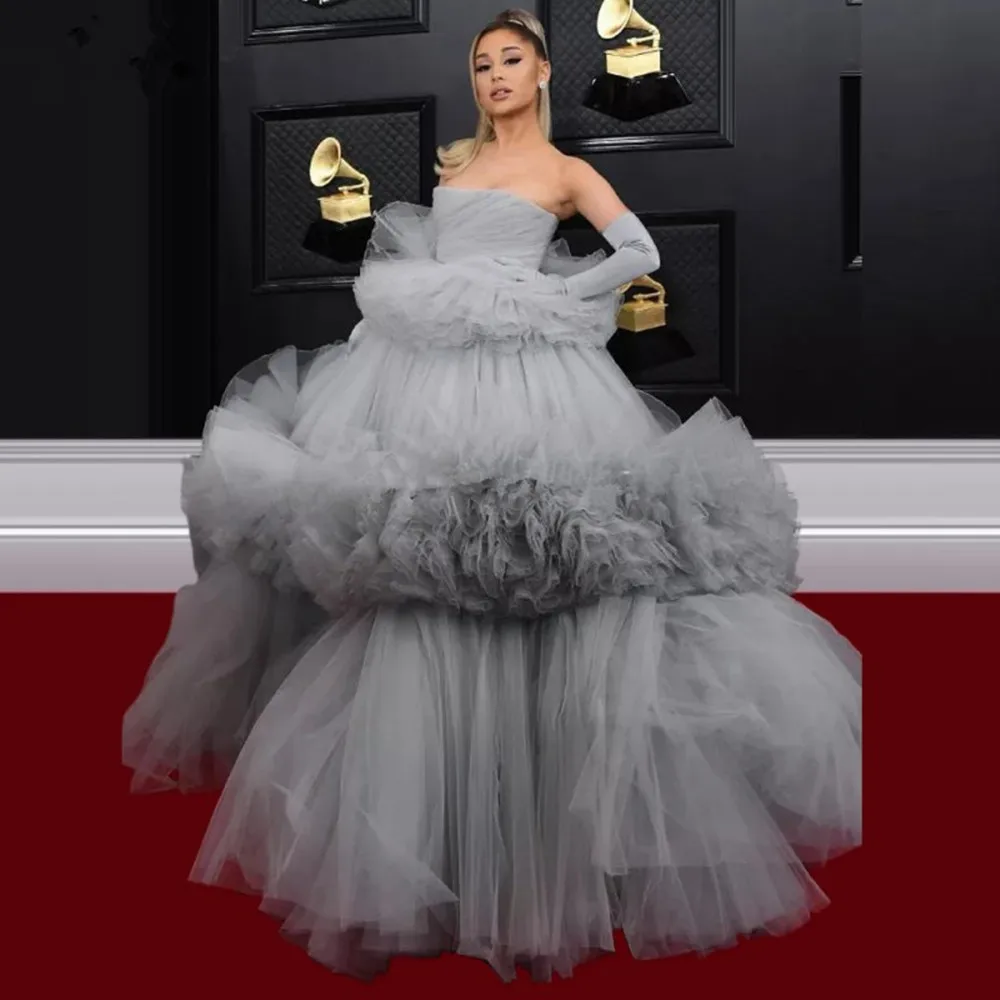 

2022 Gray Dresses Tulle Arabic Dress Strapless A-line Formal Prom Dresses Dubai Women Robe De Soiree