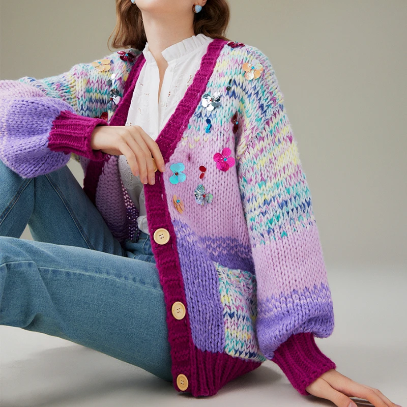 

Sequins Flowers Loose Hand Knitted Women Cardigan 2023 Autumn/Winter New in V-neck Colour Stripe Jumper Top with Pocket