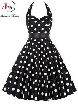 Polka Dot Dress Woen Vintage Swing Halter Belt 50s 60s Rockabilly Pro Party Dresses Retro Feinino Vestidos 1