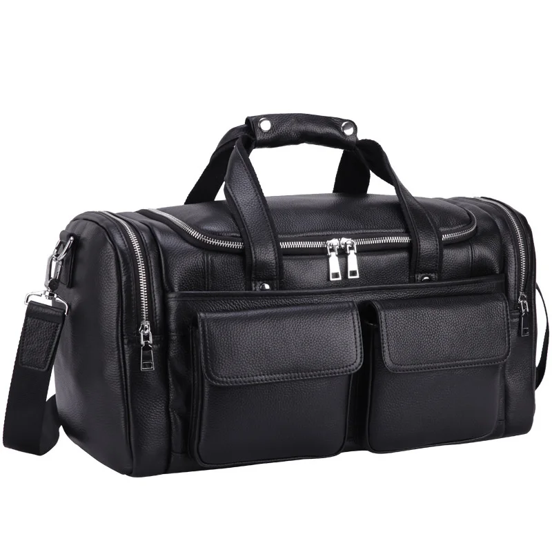 Black Fashion Genuine Leather Travel Bag 100% Soft Cowhide Duffle Bag For Weeked 17