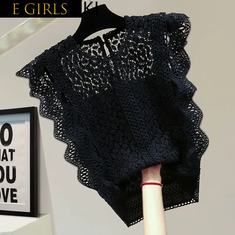 

E GIRLS Solid Color Sleeveless Hollowed-out Lace Blouse Women Vintage Elegant Summer 2023 New Shirts French Style Chic Casual Bl