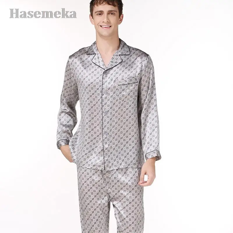 100% Mulberry Real Silk Men's Pajama Sets Print Noble Notch Collar Full Sleeves Top With Full-Length Pant With Elastic Waist