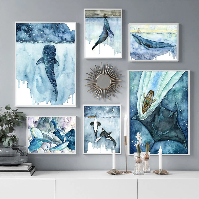 

Nordic Style Whale Canvas Painting Watercolor Sea Animal Posters Decor for Living Room Wall Art Home Decoration Decoración Hogar