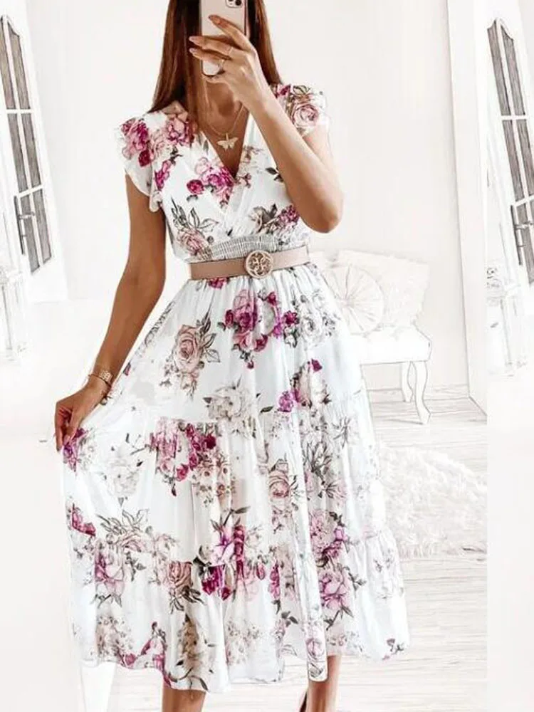 

2022 Elegant Women Floral Printed Short Sleeve Midi Dress Summer Sexy V-neck Ruffles Patchwork Casual Office Party Dresses Femme