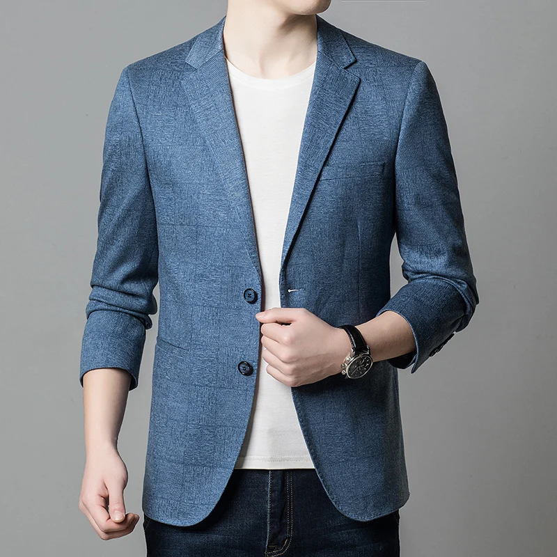 2023 Spring Autumn Men Smart Casual Blazer Blue Gray Notched Collar Single-Breasted Suit Coat Male Slim Fit Jacket Outfits New