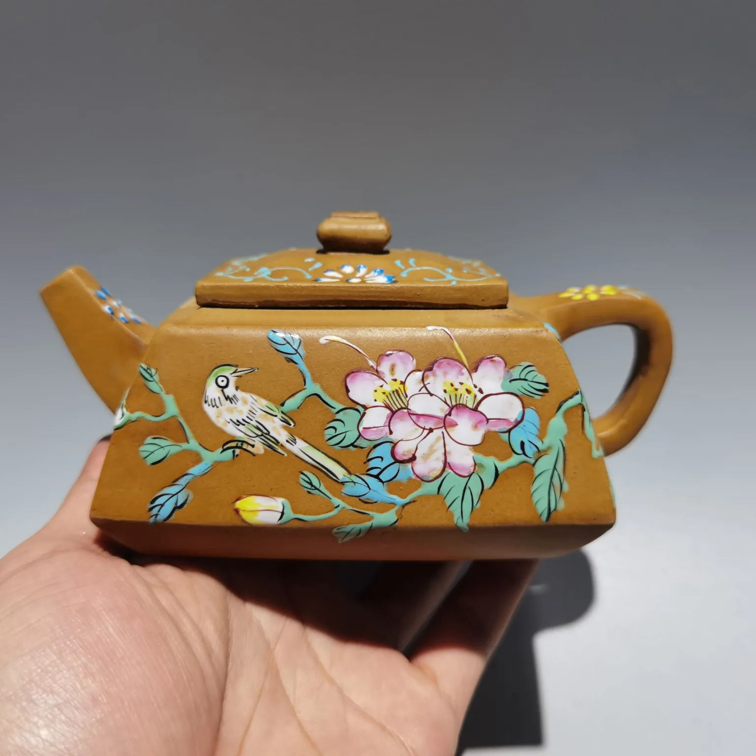 

6" Chinese Yixing Zisha Pottery painted magpie plum bossom Bamboo square kettle teapot flagon part mud Gather fortune Ornaments