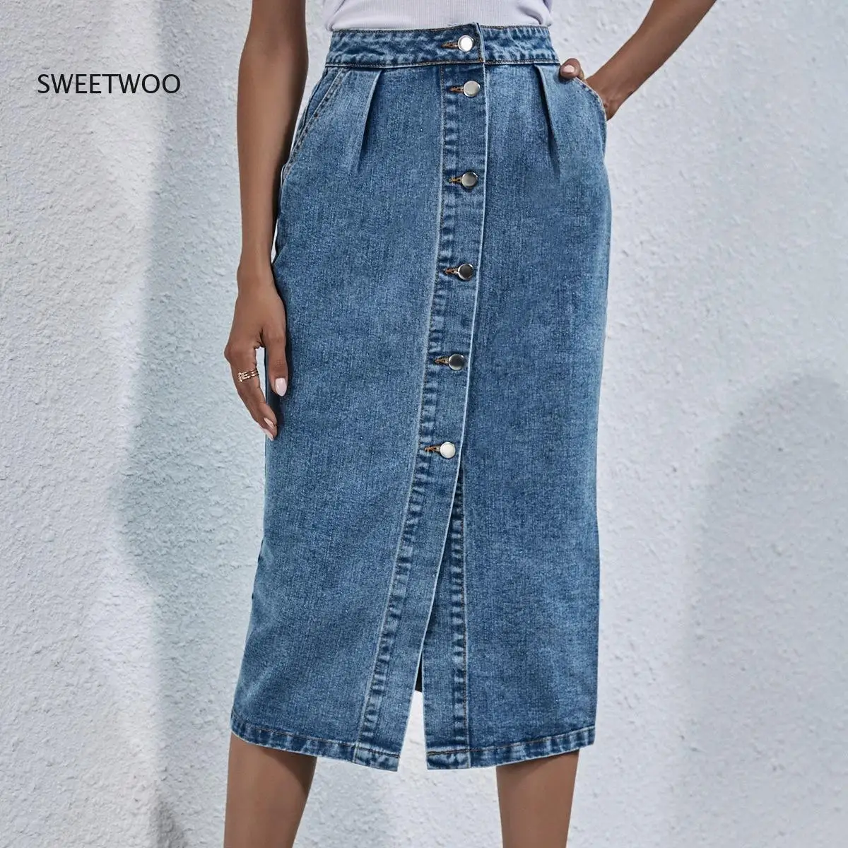 

Fashion Single Breasted Knee Length Denim Skirt Women Streetwear New Casual Pocket High Waist Straight Jeans Skirts for Female