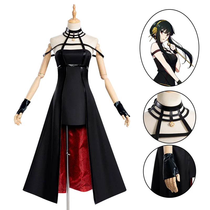 

Anime Spy Family Yor Forger Cosplay Killer Assassin Gothic Halter Black Dress Outfit Uniform Costume with Leather Arms