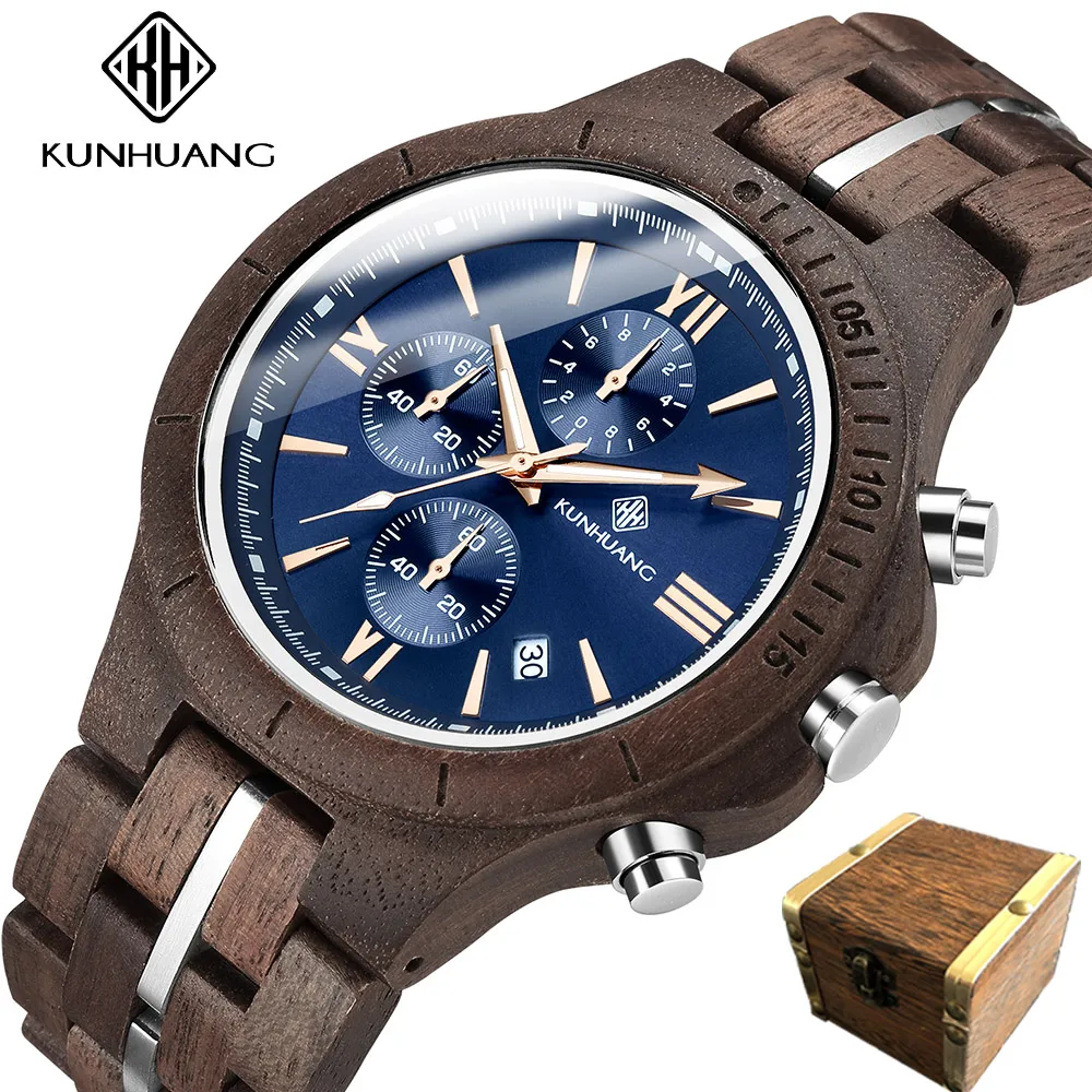 

KUNHUANG Men Watch Fashion Wooden Metal Quartz Watch Wristwatch Chronograph Auto Date Display Timepiece relogio masculino