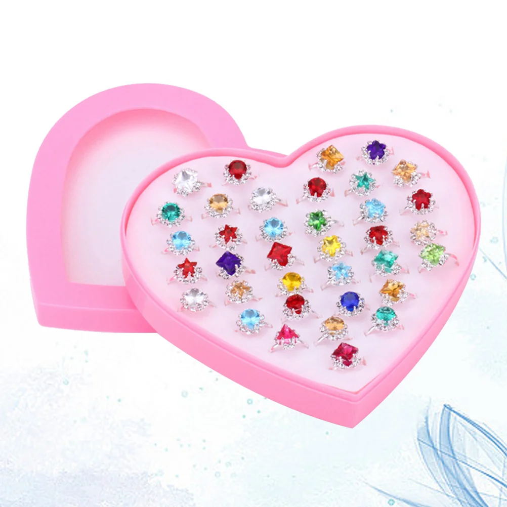 

36Pcs Colorful Rings Little Adjustable Rings Lovely Sparkling Rings Multicolor Dress Rings for Little with Heart Shaped Display