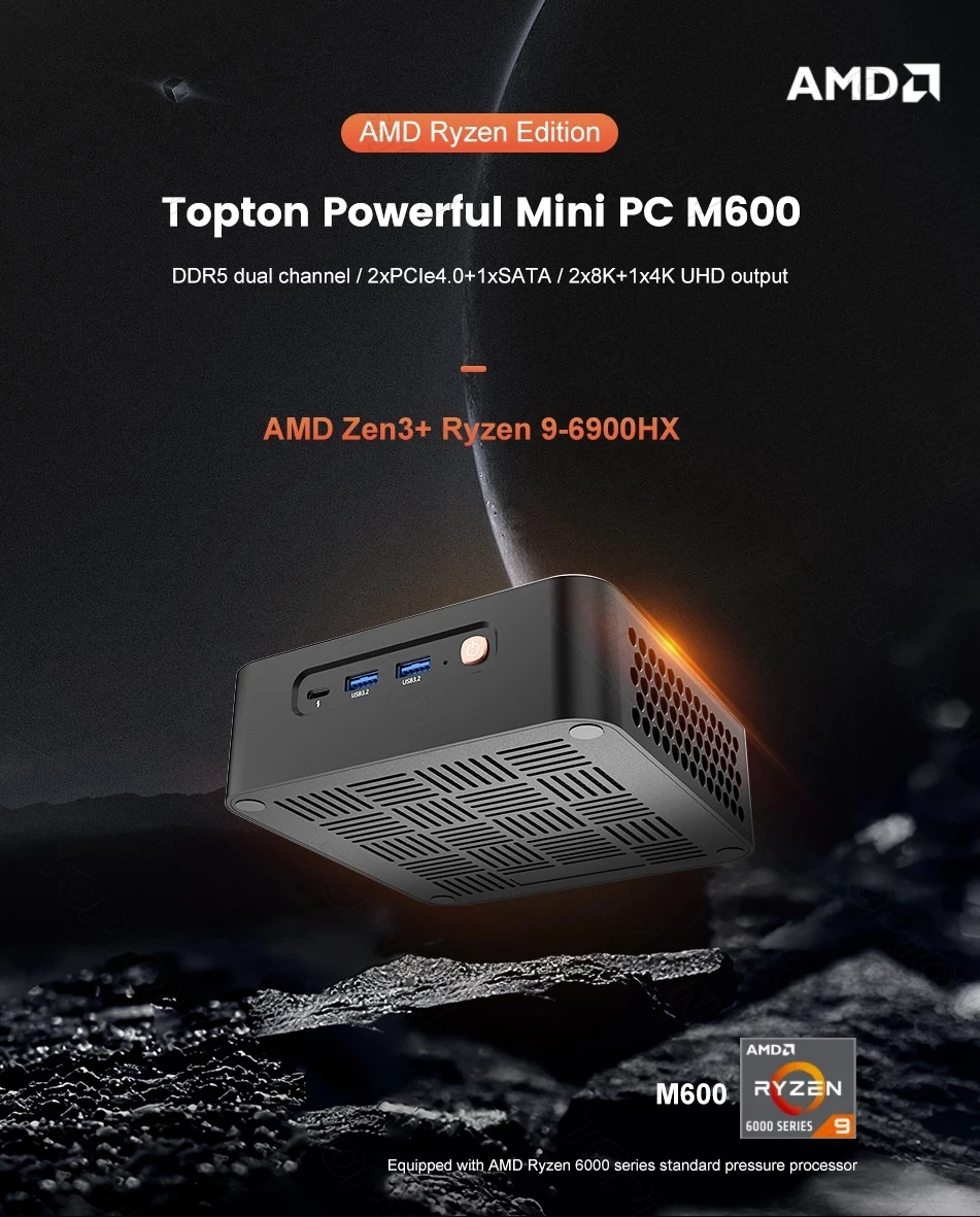 

2023 New AMD Gaming Mini PC 6nm Ryzen 9 6900HX 7 PRO 6850H Mini Computer DDR5 4800MHz PCIe4.0x4 2x2.5G LAN 2x8K UHD HTPC WiFi6