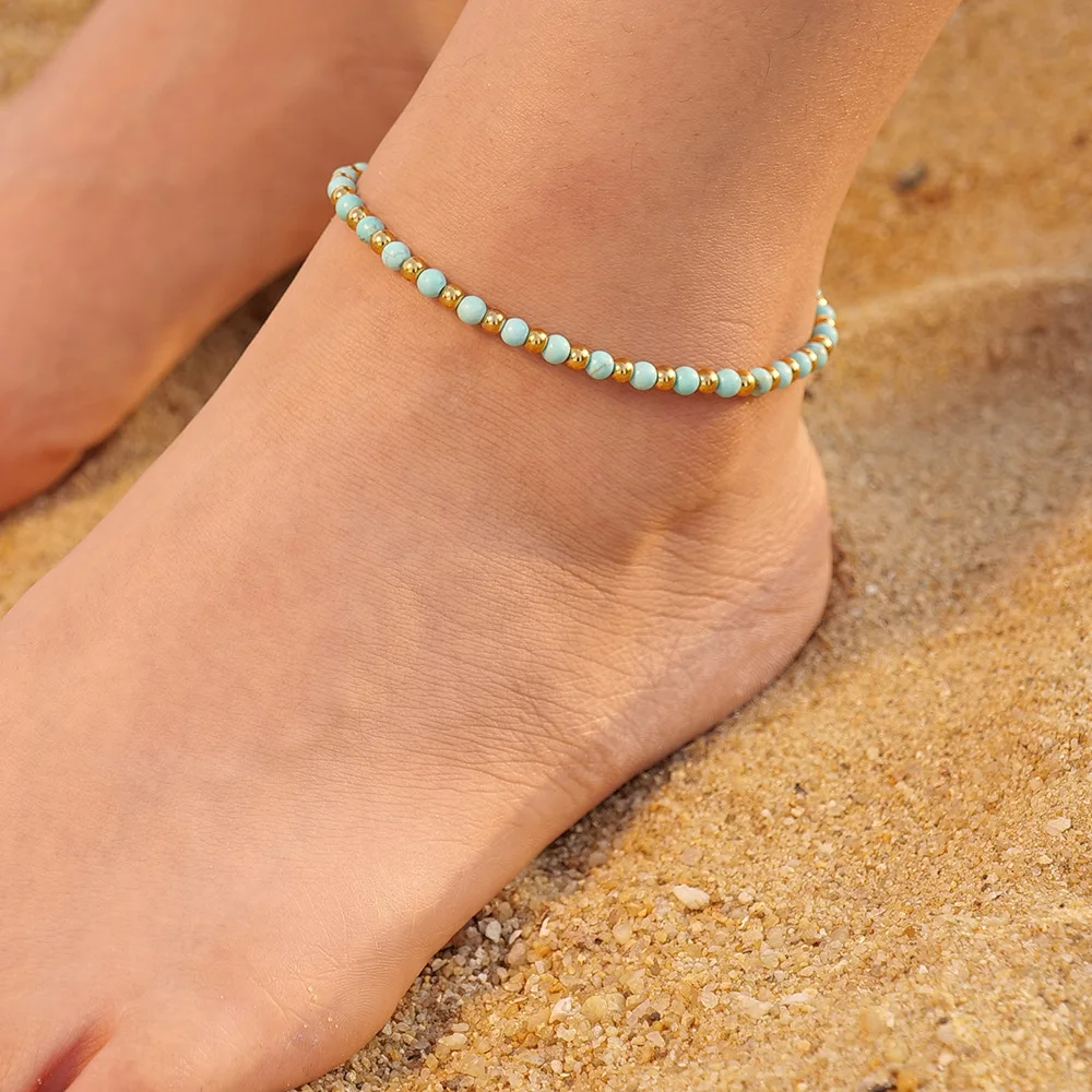 

Stainless Steel Waterproof Turquoise Gemstone Beads Anklet For Women Gold Color Summer Sandy Beach Jewelry