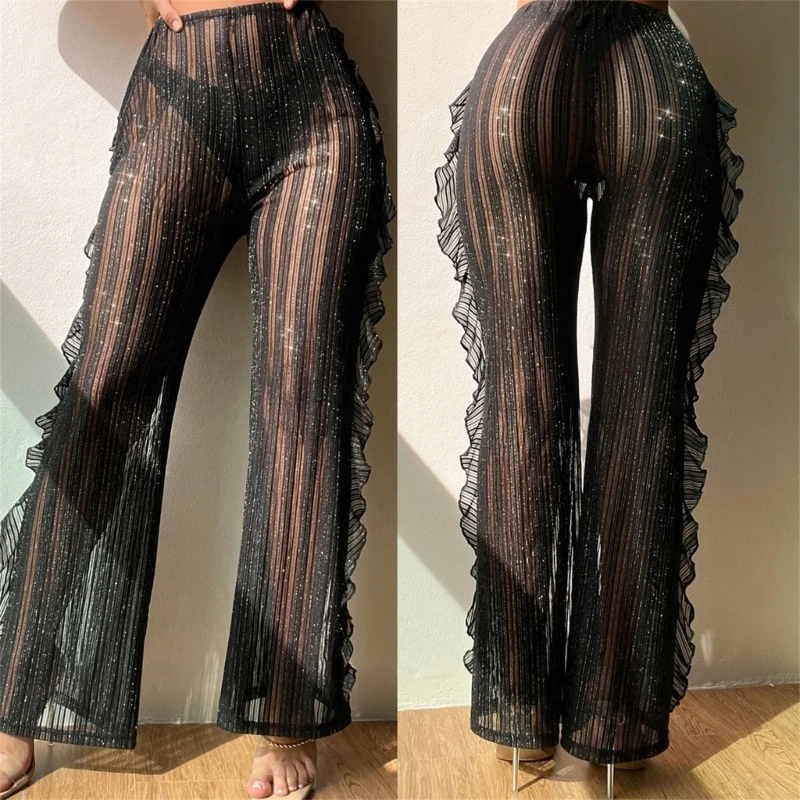 

Женские блестящие полосатые сетчатые брюки с оборками, летние сексуальные блестящие прозрачные брюки 10CD