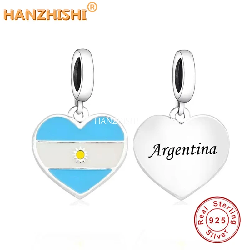 

Флаг Аргентины Очаровательная подвеска в форме сердца бусины из стерлингового серебра 925 подходит для всех основных брендов браслетов ожерелий ювелирных изделий Berloque