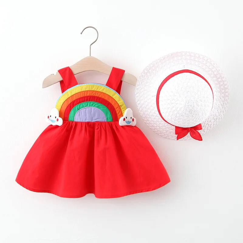 

Summer Baby Clothes Girls Dress Rainbow Dress Hats 2pcs Clothes for Kids Fashion Children's Elegant Dress Toddler Clothes