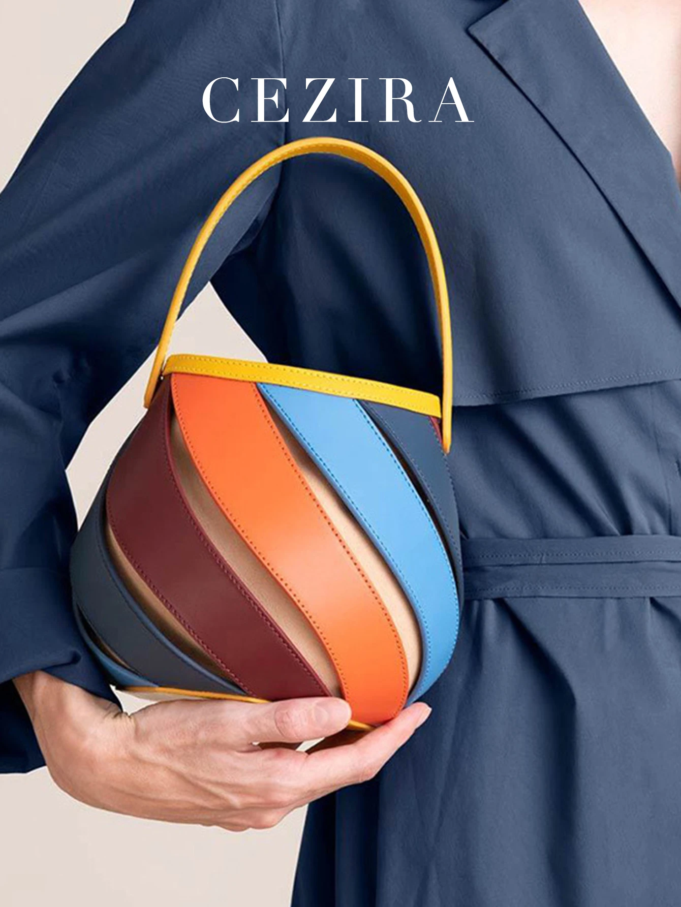 

CEZIRA Niche Brand PU Leather Handbag Colorful Stripes Buckets Women Fashion Designer Top-handle Purse Cross body Shoulder Bags