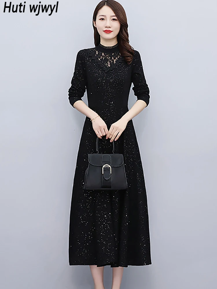 

2022 черное кружевное ажурное пикантное платье миди с цветочным узором и крючком, женское винтажное вечернее платье, осенне-зимнее бархатное ...