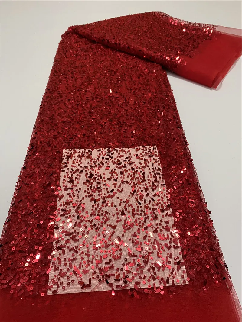 

Африканская кружевная ткань 2023, красная французская Тяжелая кружевная ткань из бисера, нигерийская кружевная ткань с блестками и вышивкой, сетчатая кружевная ткань для свадебного платья