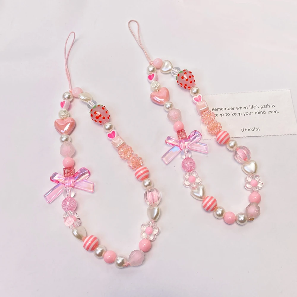 

Love Heart Strawberry Phone Case Chain DIY Keychain Accessories Beaded Anti-loss Lanyard Decoration Bracelet Chains Pink Jewelry