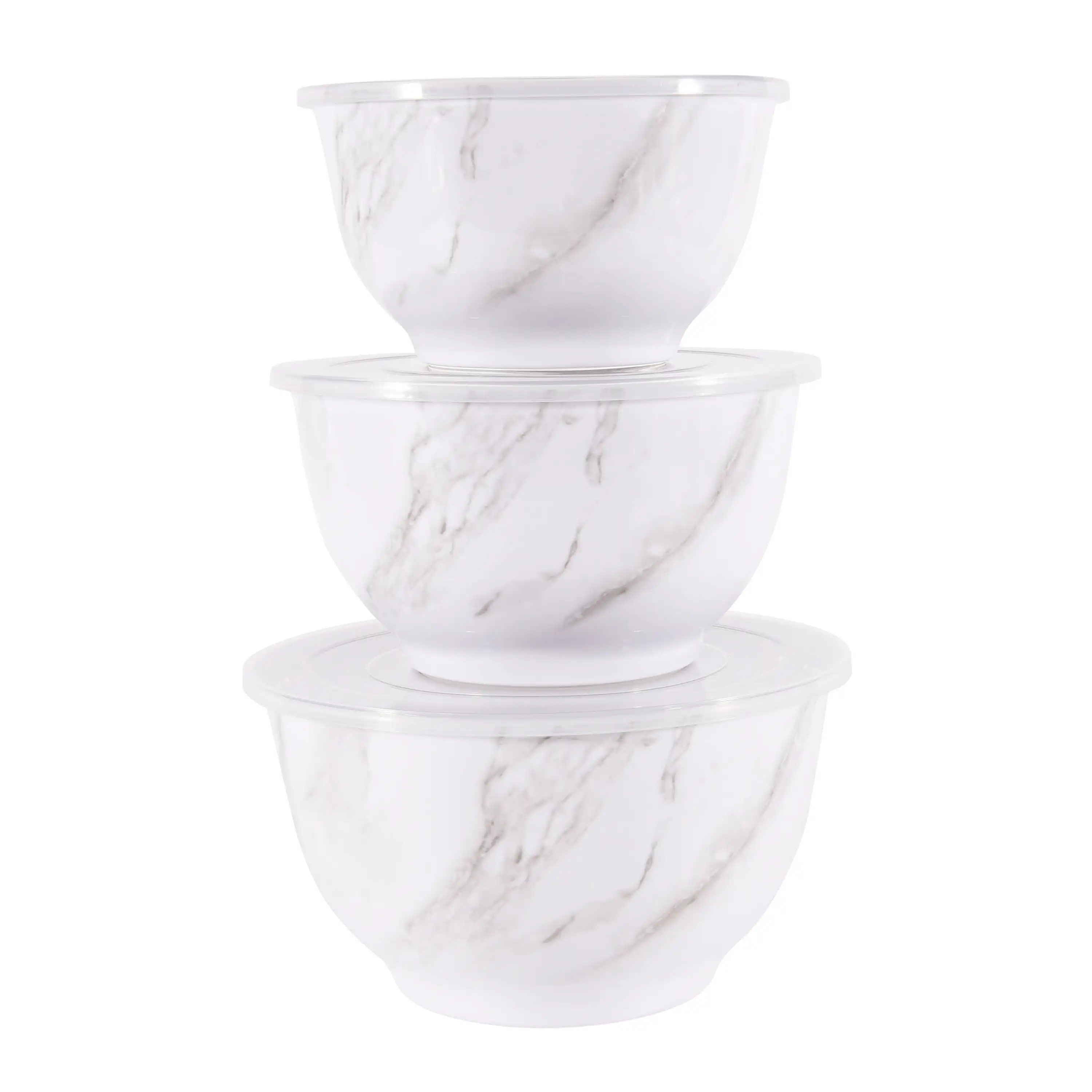 

6-Piece Melamine Serving Bowl Set with Lids, White Marble Print