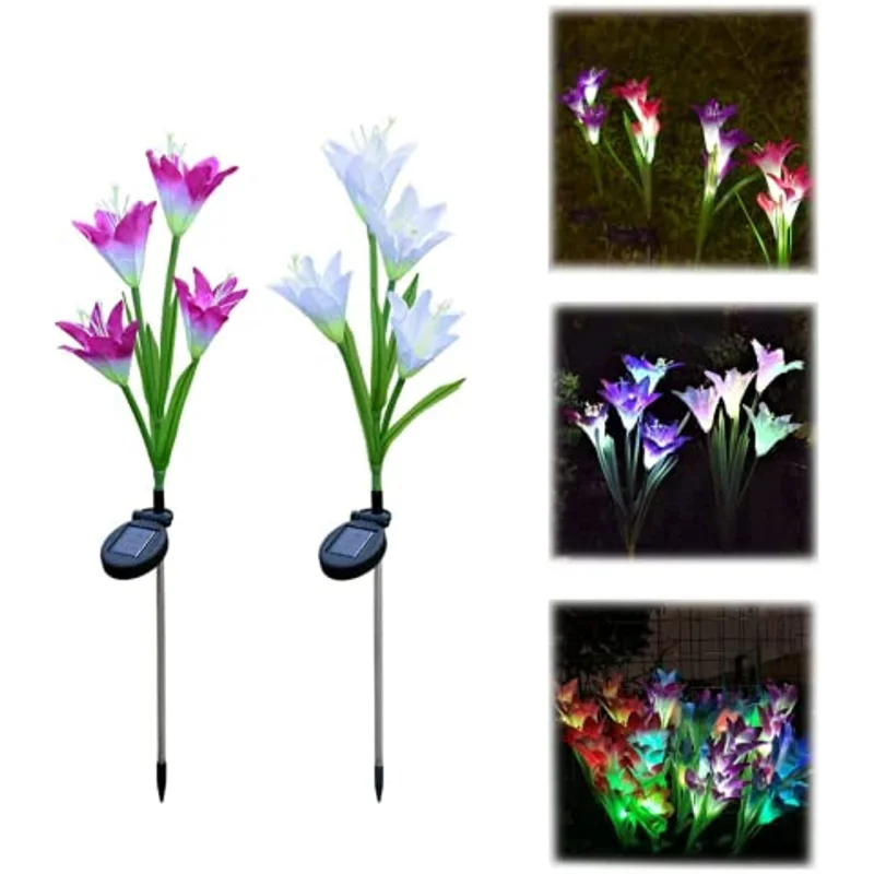 

2 Pack Outdoor Flower Lights Solar Garden Lamps Decorative Lily Flowers Color Changing Waterproof for Yard outdoor lighting led