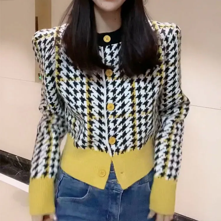 

High Quality Fashion Designer Houndstooth Cardigan Long Sleeve Single Breasted Contrast Color Button Knitted Sweaters New