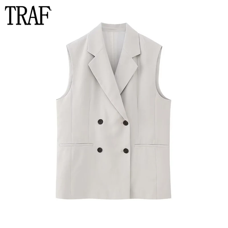

TRAF 2023 Sleeveless Vests for Women Double Breasted Jacket Women Summer Long Vest Woman Streetwear Crossover Waistcoat Women