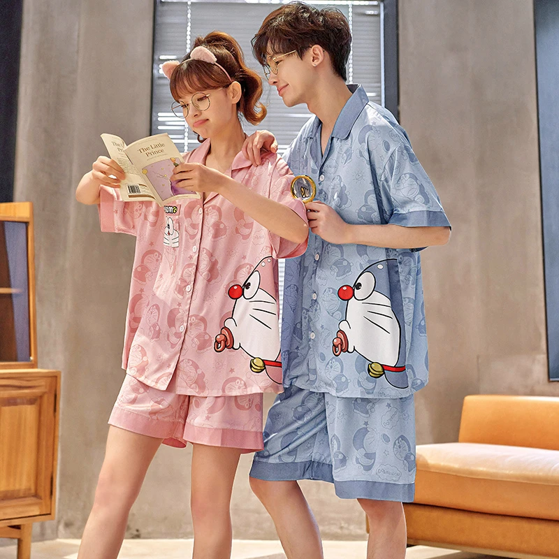 Anime Doraemon Adult Pajama Sets Women Men Home Clothes Couple Pijama Suit Korean Loose Pyjama V-Neck Silk Sleepwear