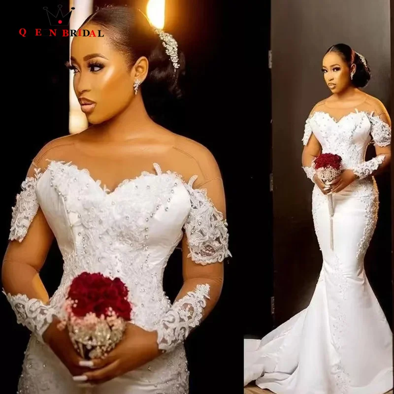 

Luxury Mermaid Wedding Dress Long Sleeves Applqiues Sequins Pearls Sweetheart Strapless Backless Floor Length Bridal Gowns GH01