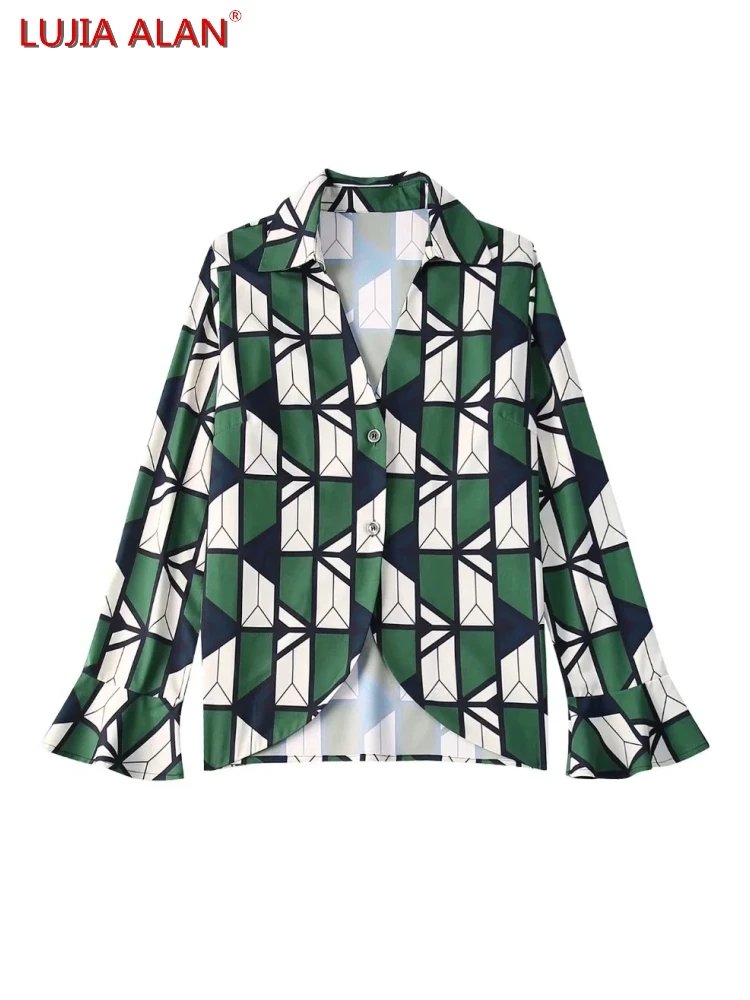

Women Geometric Printing Flare Sleeve Shirts Summer Female Turndown Collar Blouse Casual Loose Tops Streetwear LUJIA ALAN B292